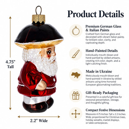 Santa in the Mushroom Hat Glass Christmas Ornament