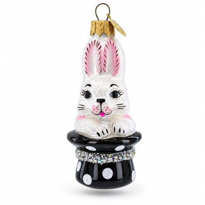 Rabbit In Magician Hat Glass Christmas Ornament