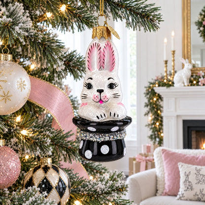 Rabbit In Magician Hat Glass Christmas Ornament