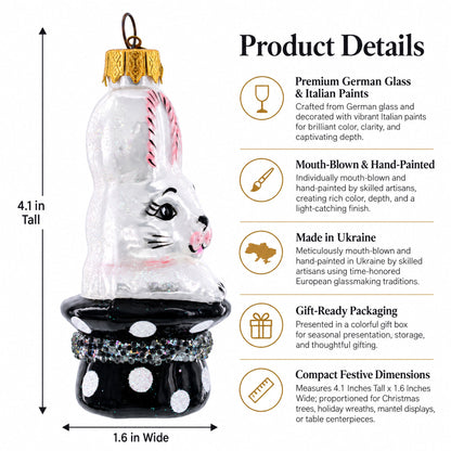 Rabbit In Magician Hat Glass Christmas Ornament