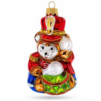 Bear Cub Drummer Glass Christmas Ornament