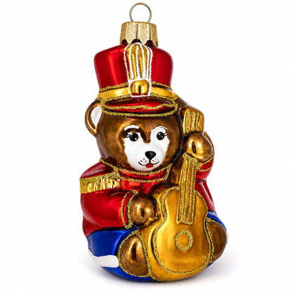 Teddy Bear Soldier with Guitar Glass Christmas Ornament