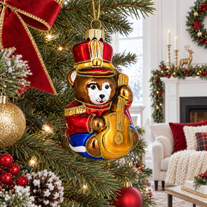 Teddy Bear Soldier with Guitar Glass Christmas Ornament