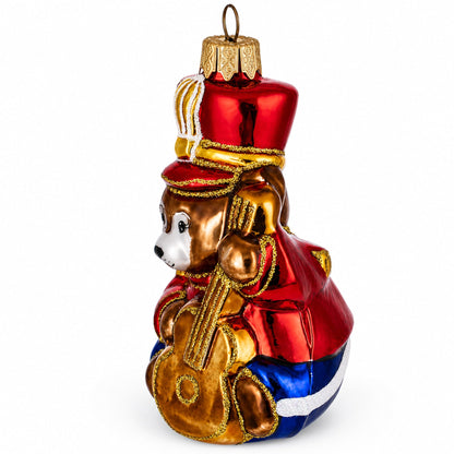 Teddy Bear Soldier with Guitar Glass Christmas Ornament