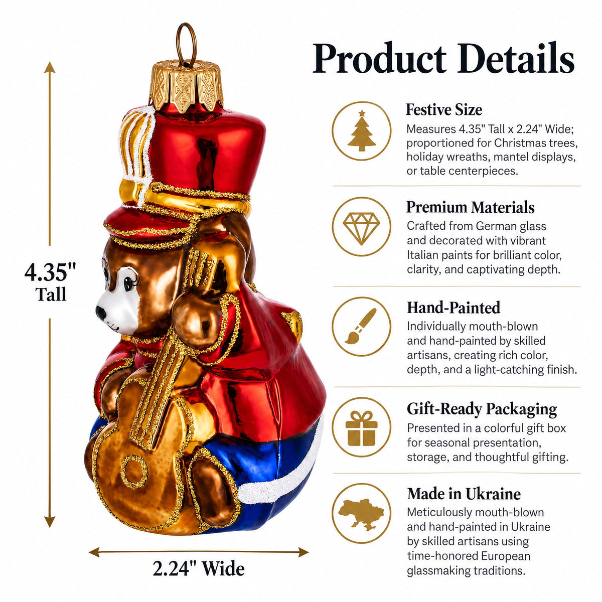 Teddy Bear Soldier with Guitar Glass Christmas Ornament