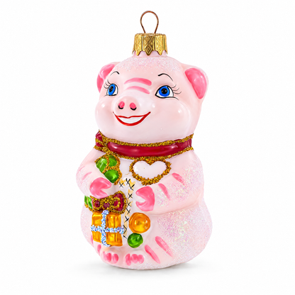 Pig with Gifts Glass Christmas Ornament
