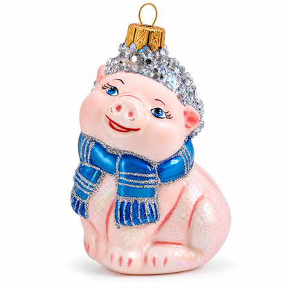 Piglet with Blue Scarf Glass Christmas Ornament