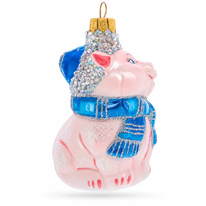 Piglet with Blue Scarf Glass Christmas Ornament