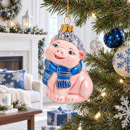Piglet with Blue Scarf Glass Christmas Ornament