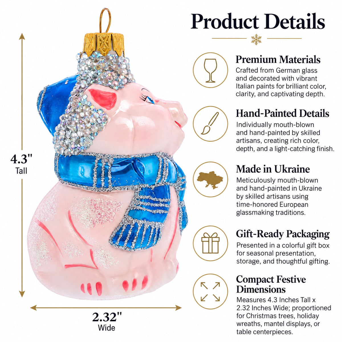 Piglet with Blue Scarf Glass Christmas Ornament