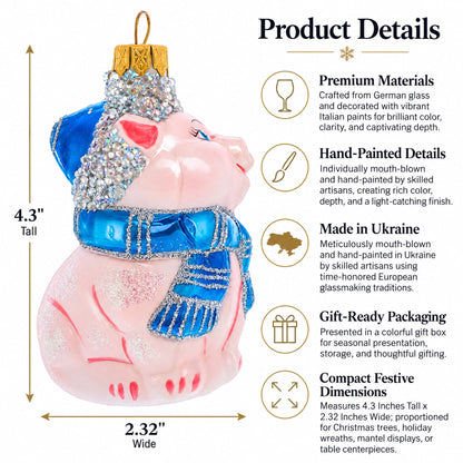 Piglet with Blue Scarf Glass Christmas Ornament
