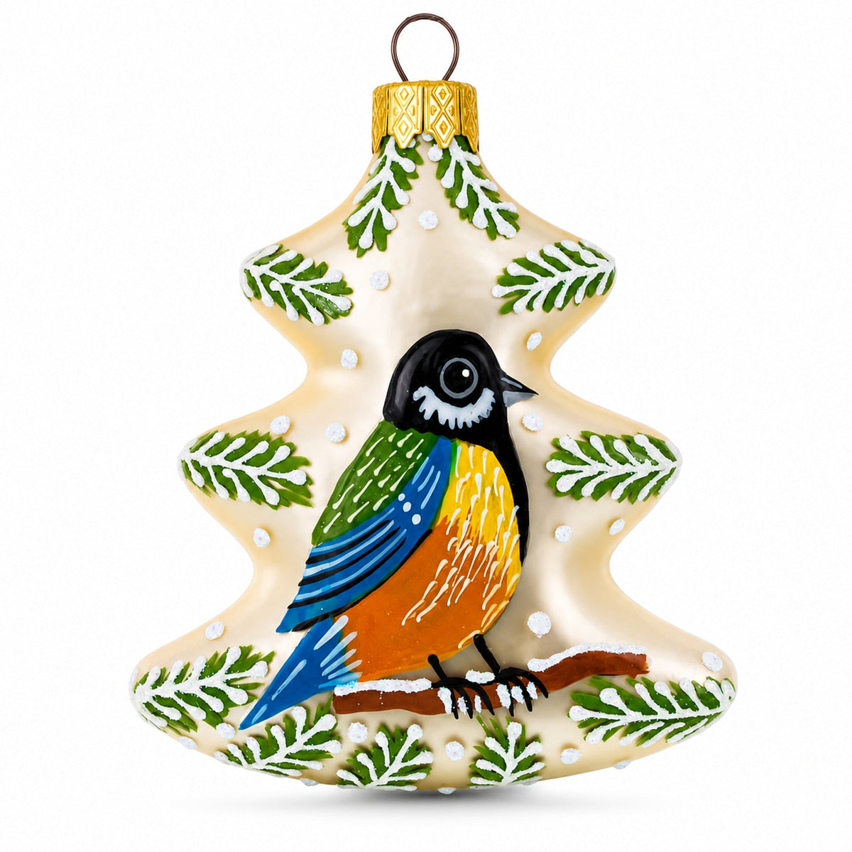 Winter Pine Tree with Songbird Glass Christmas Ornament