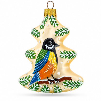Winter Pine Tree with Songbird Glass Christmas Ornament