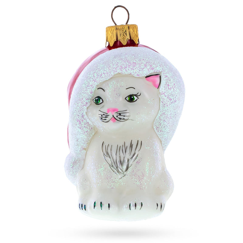 White Cat In Santa Hat Glass Christmas Ornament