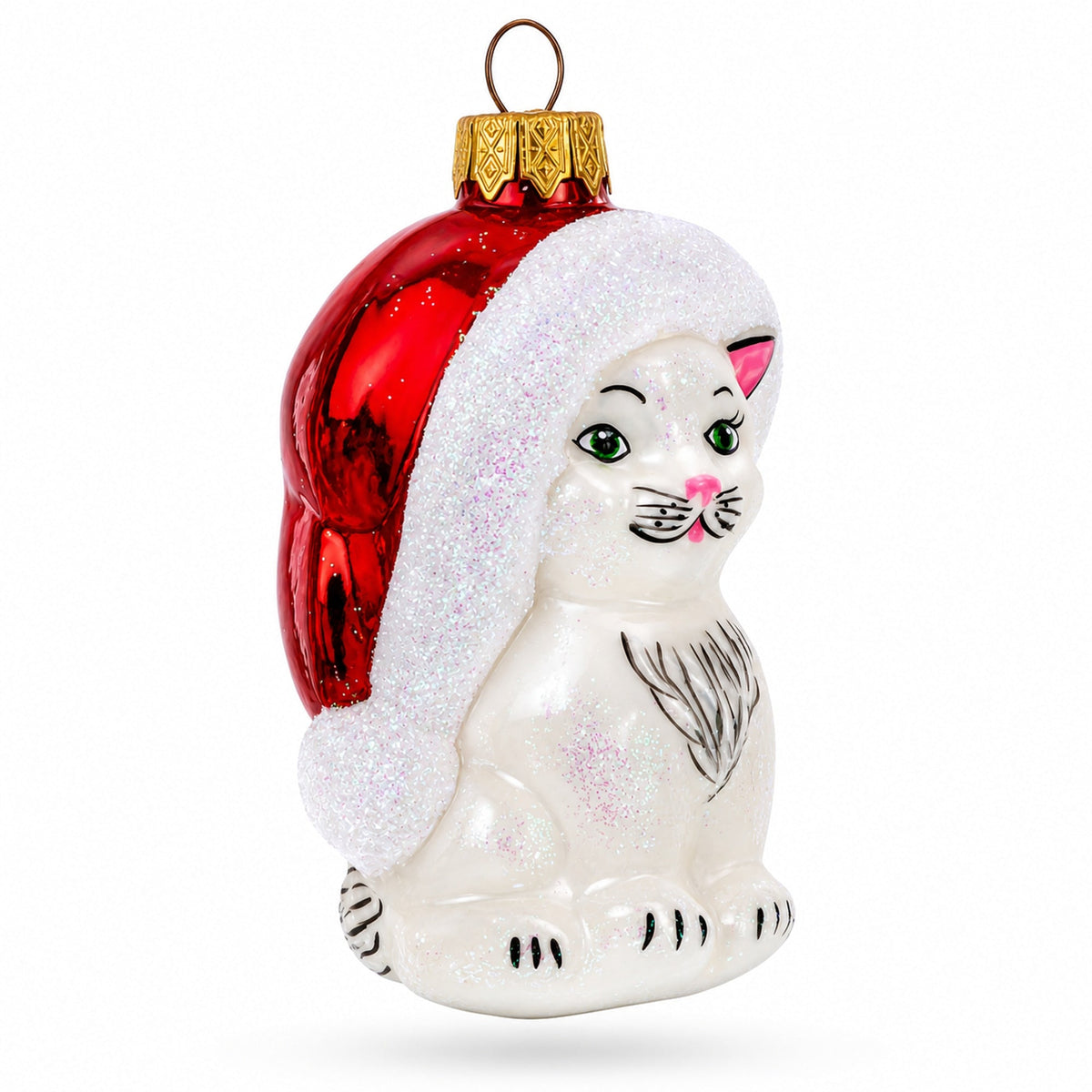White Cat In Santa Hat Glass Christmas Ornament