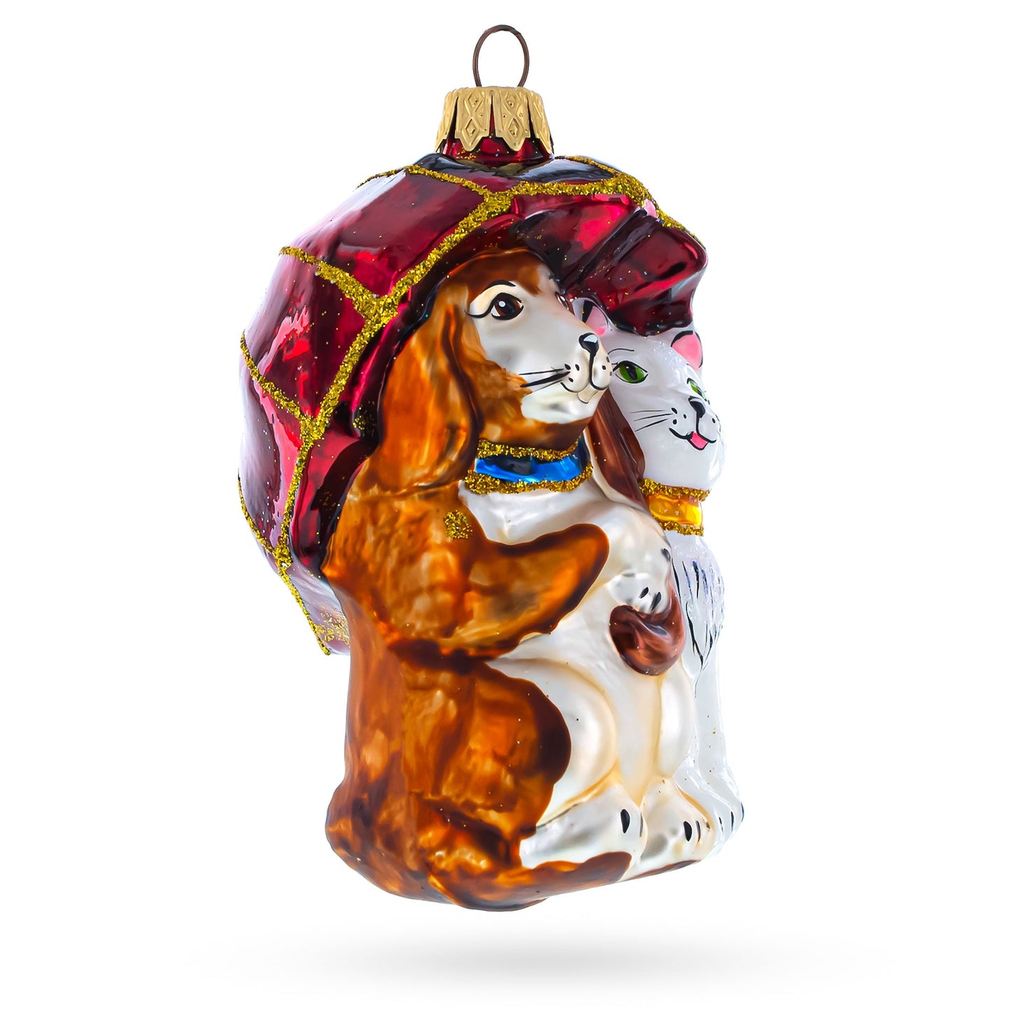 Best Friends Cat and Dog Under Umbrella Glass Christmas Ornament