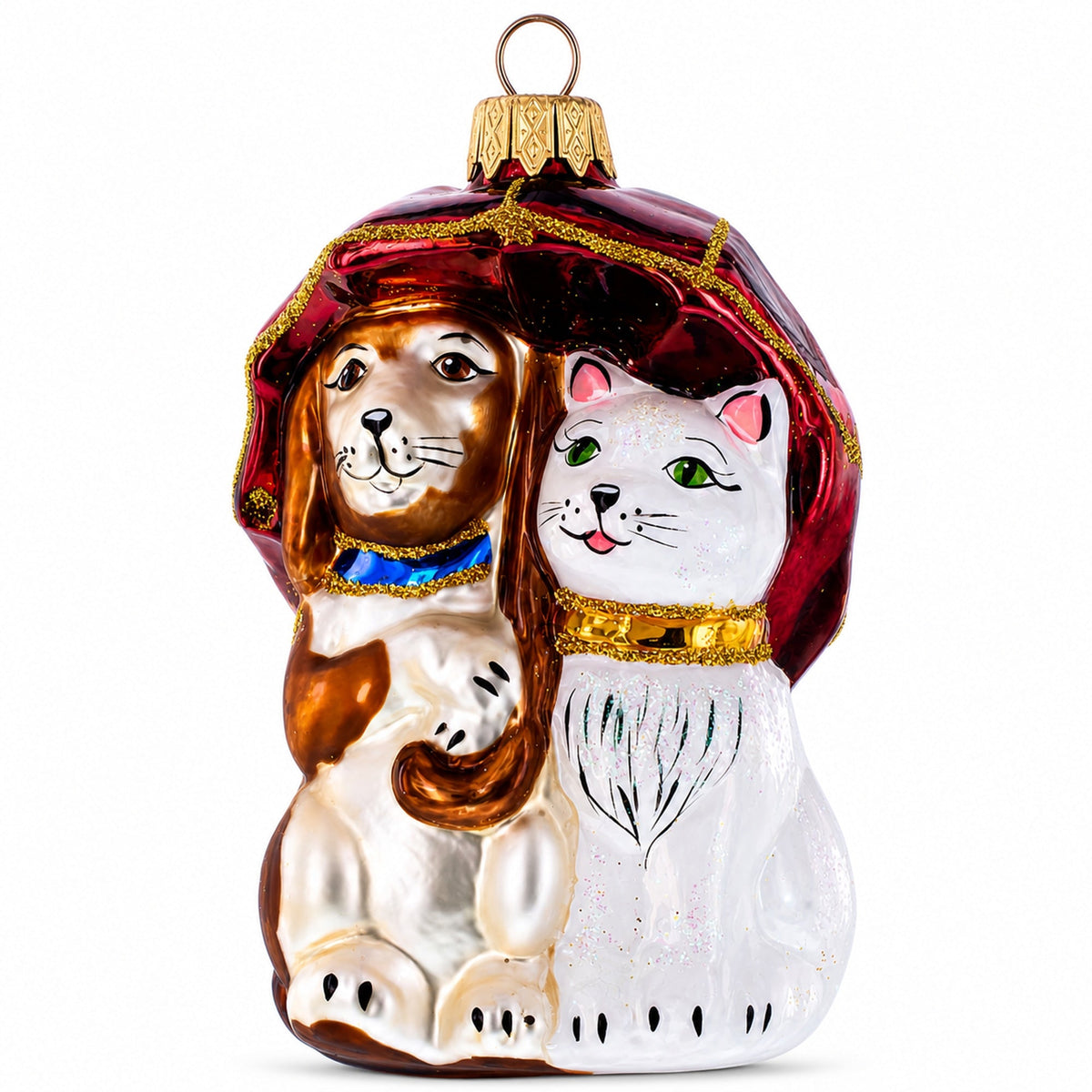 Best Friends Cat and Dog Under Umbrella Glass Christmas Ornament