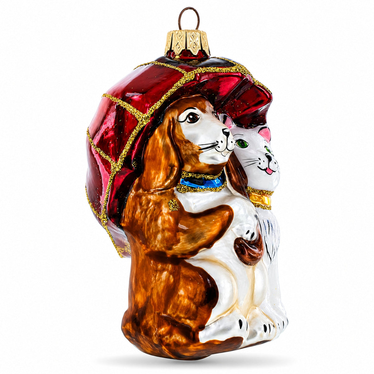 Best Friends Cat and Dog Under Umbrella Glass Christmas Ornament