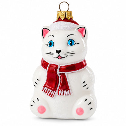 White Cat with Red Scarf Glass Christmas Ornament