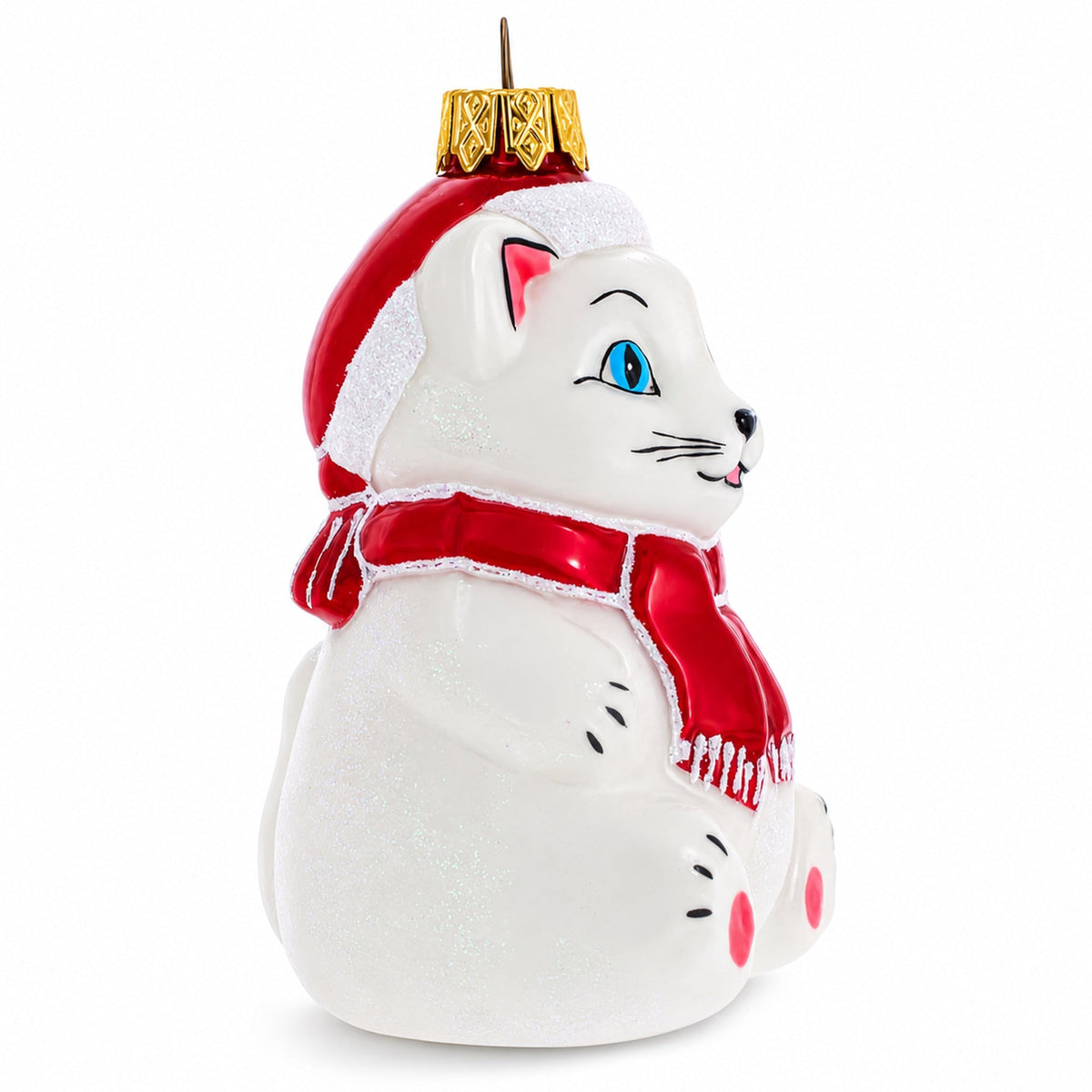 White Cat with Red Scarf Glass Christmas Ornament
