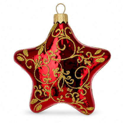 Glossy Red Star with Gold Pattern Glass Christmas Ornament