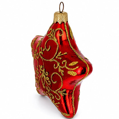 Glossy Red Star with Gold Pattern Glass Christmas Ornament
