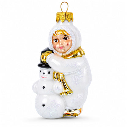 Toddler Hugging Snowman Glass Christmas Ornament