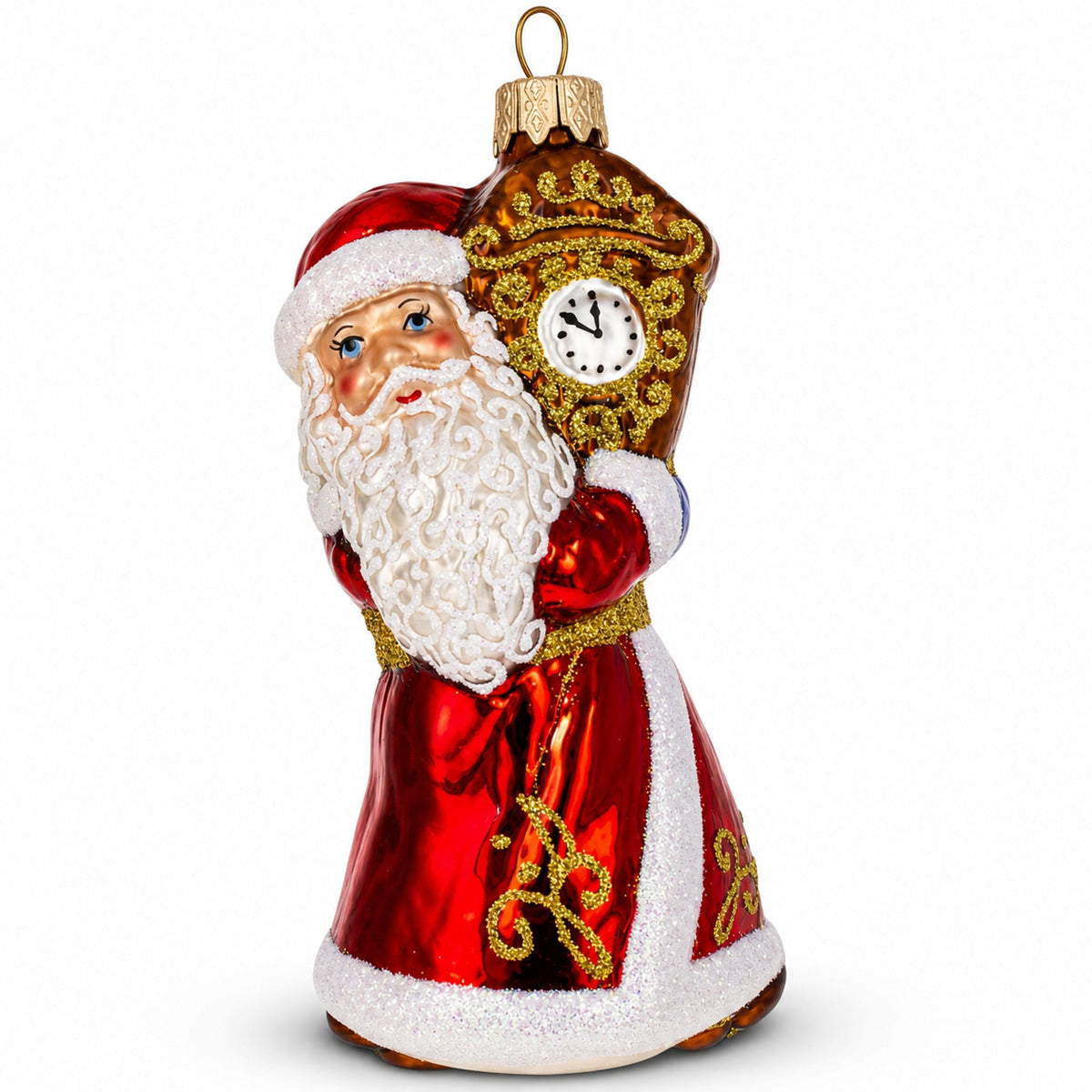 Santa Holding Grandfather Clock Glass Christmas Ornament