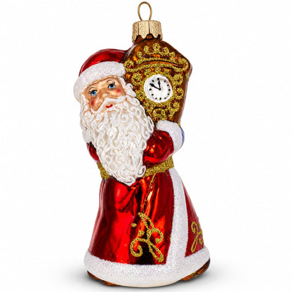 Santa Holding Grandfather Clock Glass Christmas Ornament