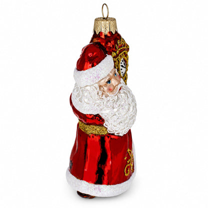 Santa Holding Grandfather Clock Glass Christmas Ornament