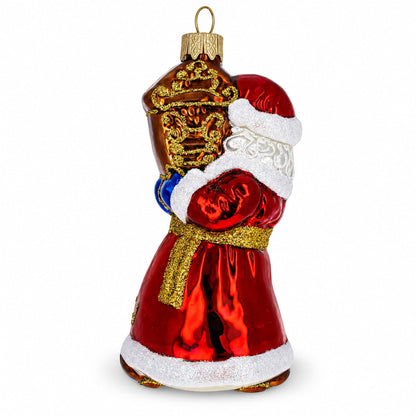Santa Holding Grandfather Clock Glass Christmas Ornament