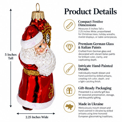 Santa Holding Grandfather Clock Glass Christmas Ornament
