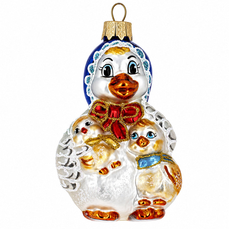 Mother Goose with Ducklings Glass Christmas Ornament
