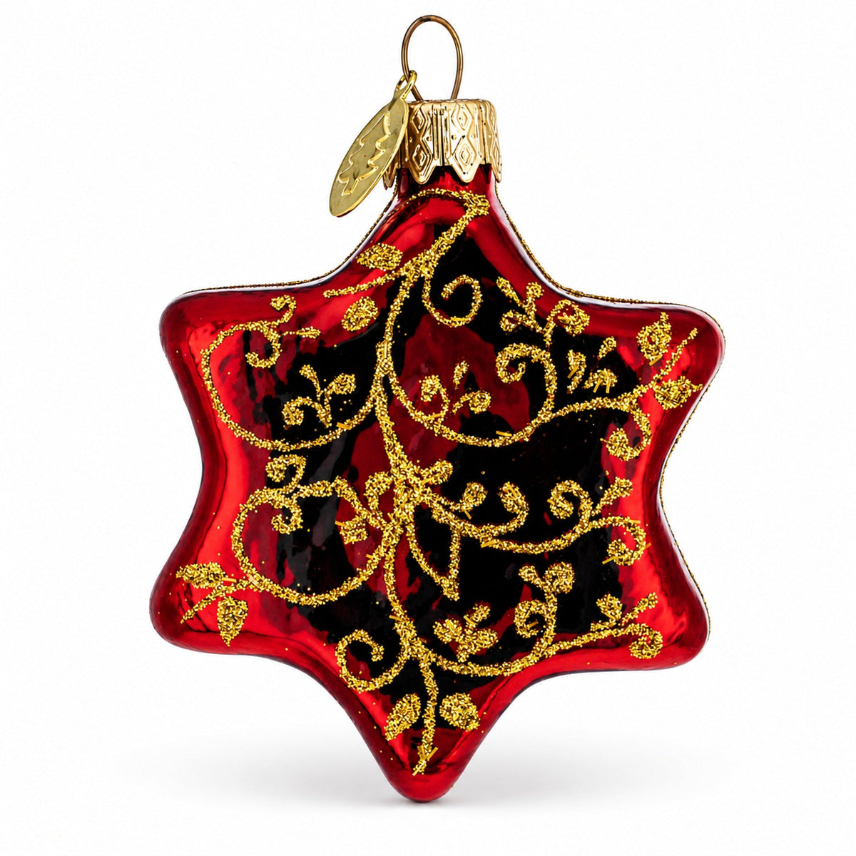 Glossy Red Hexagon with Golden Pattern Glass Christmas Ornament