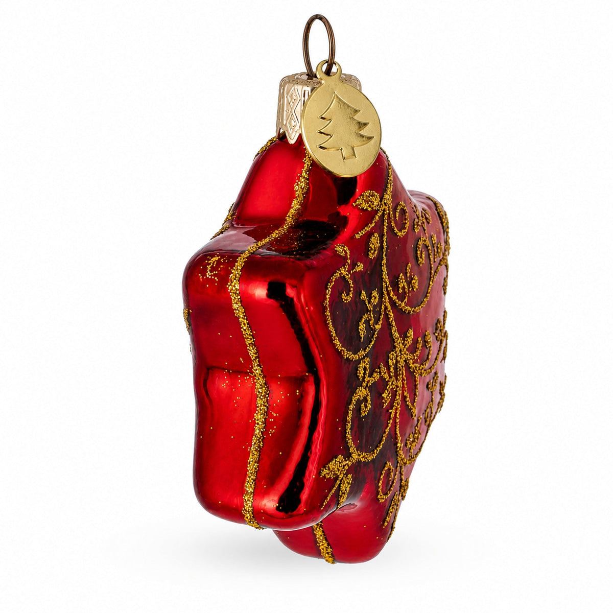 Glossy Red Hexagon with Golden Pattern Glass Christmas Ornament