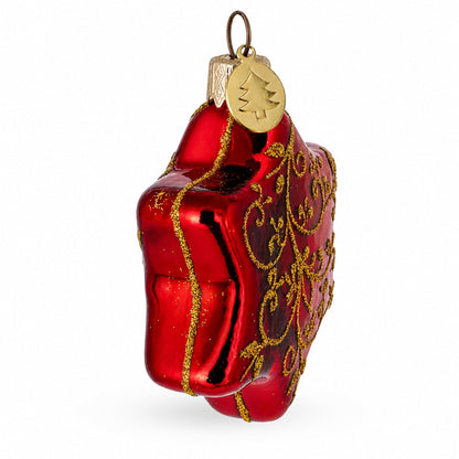 Glossy Red Hexagon with Golden Pattern Glass Christmas Ornament