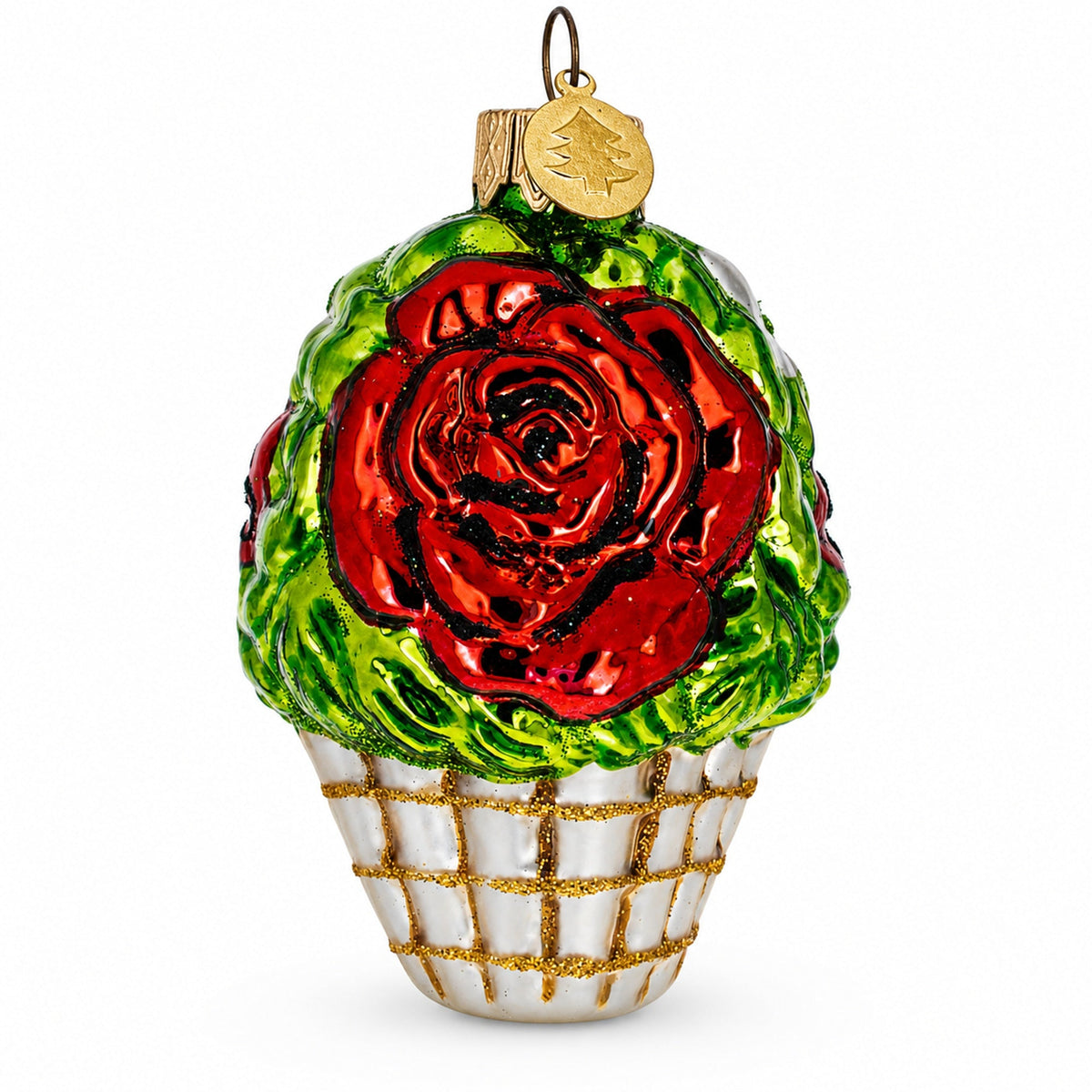 Red Flowers in White Basket Glass Christmas Ornament