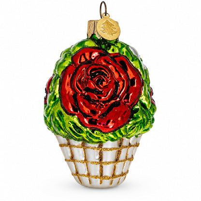Red Flowers in White Basket Glass Christmas Ornament