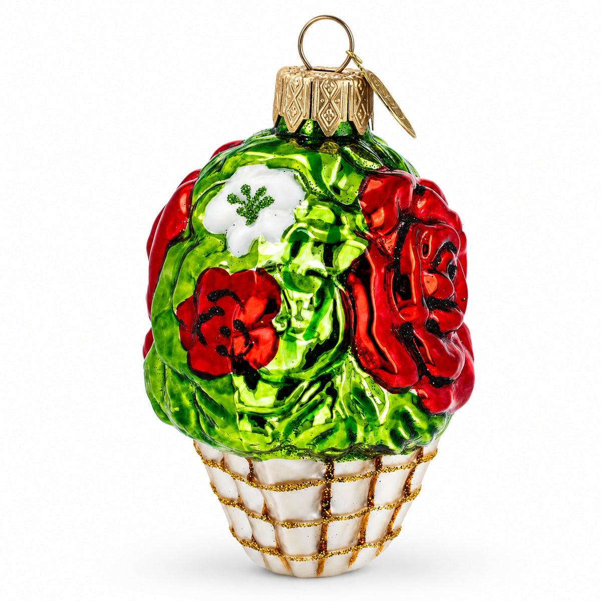 Red Flowers in White Basket Glass Christmas Ornament