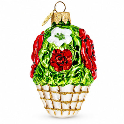 Red Flowers in White Basket Glass Christmas Ornament