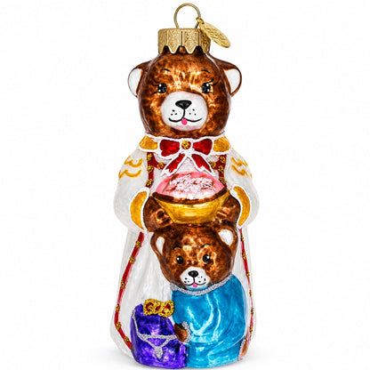 Mother Bear and Cub in Traditional Dress Glass Christmas Ornament