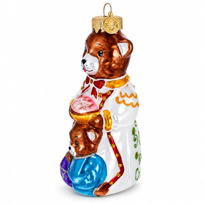 Mother Bear and Cub in Traditional Dress Glass Christmas Ornament