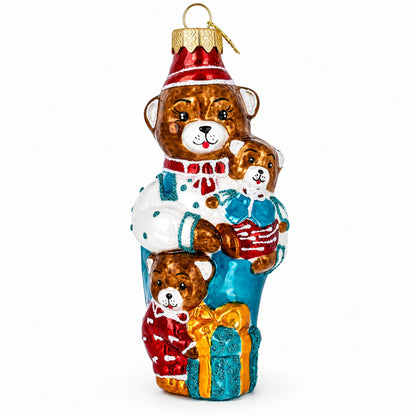 Father Bear with Cubs in Traditional Dress Glass Christmas Ornament