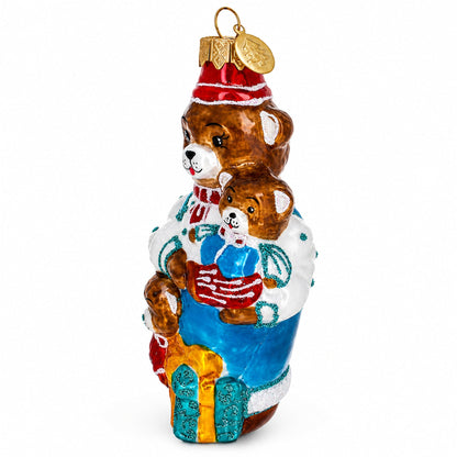 Father Bear with Cubs in Traditional Dress Glass Christmas Ornament