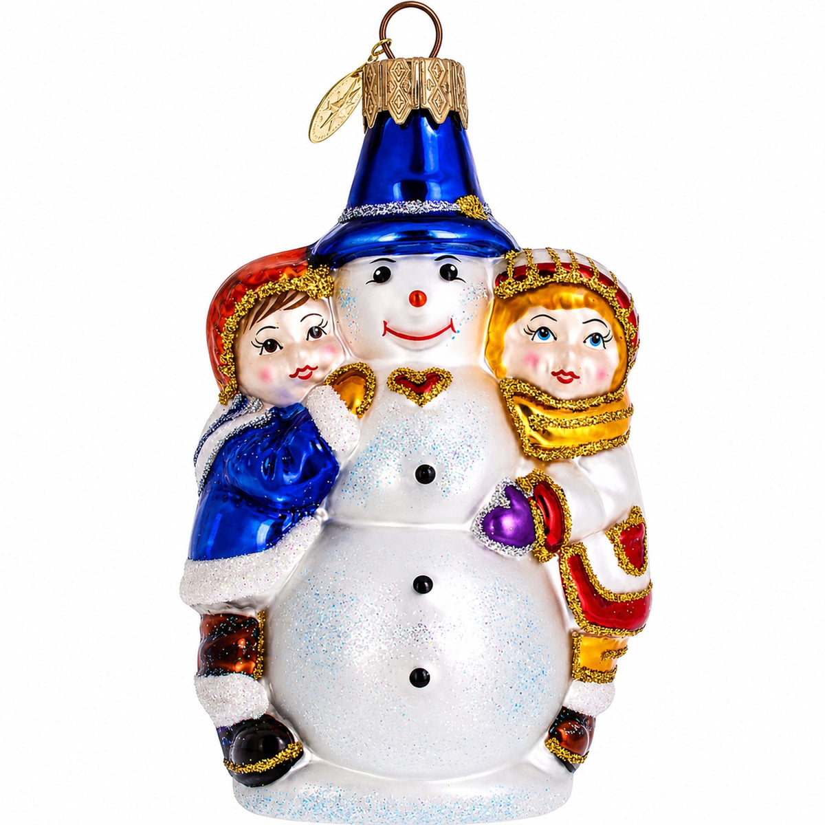 Kids Making Snowman Glass Christmas Ornament