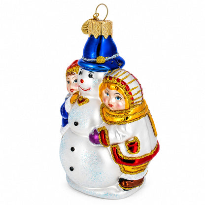 Kids Making Snowman Glass Christmas Ornament