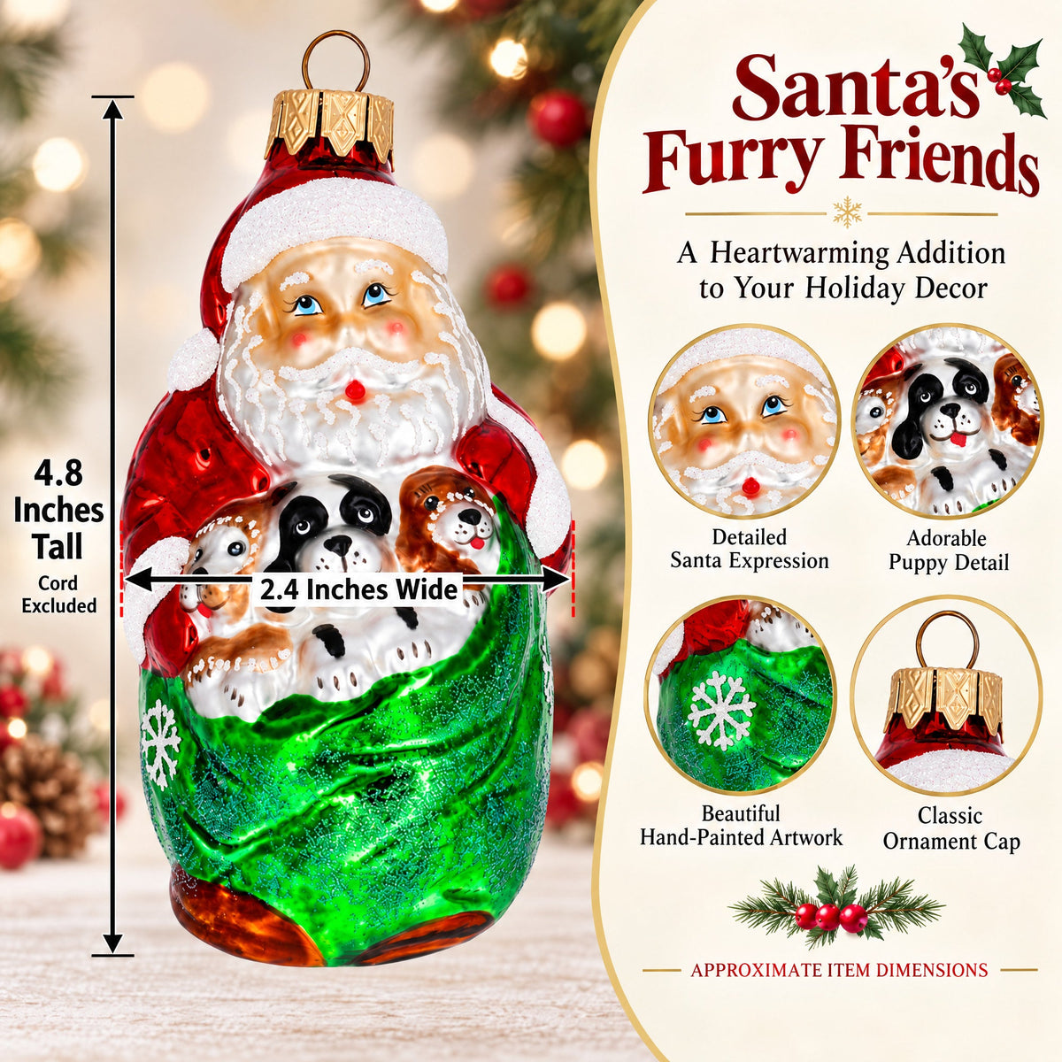 Santa with 3 Puppies Glass Christmas Ornament