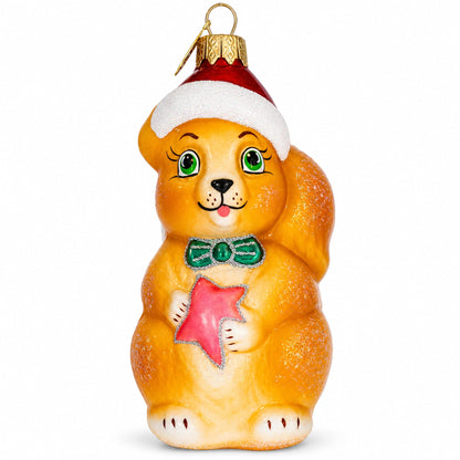 Santa Hat Squirrel Holding Star Glass Christmas Ornament