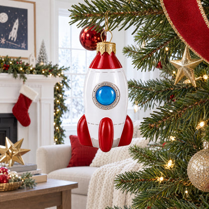 Retro Space Rocket Glass Christmas Ornament