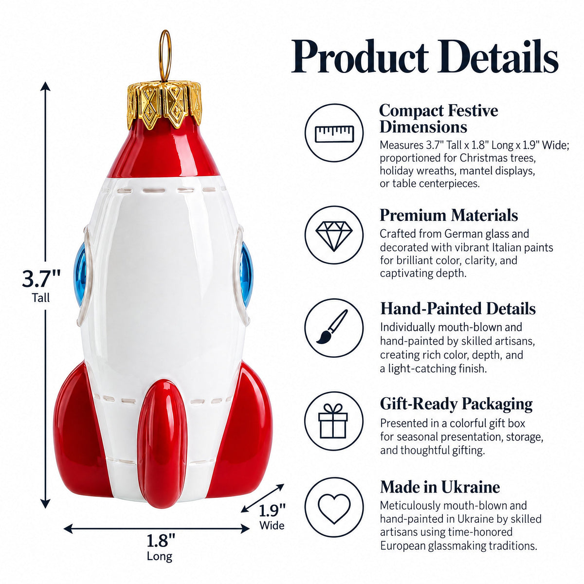 Retro Space Rocket Glass Christmas Ornament